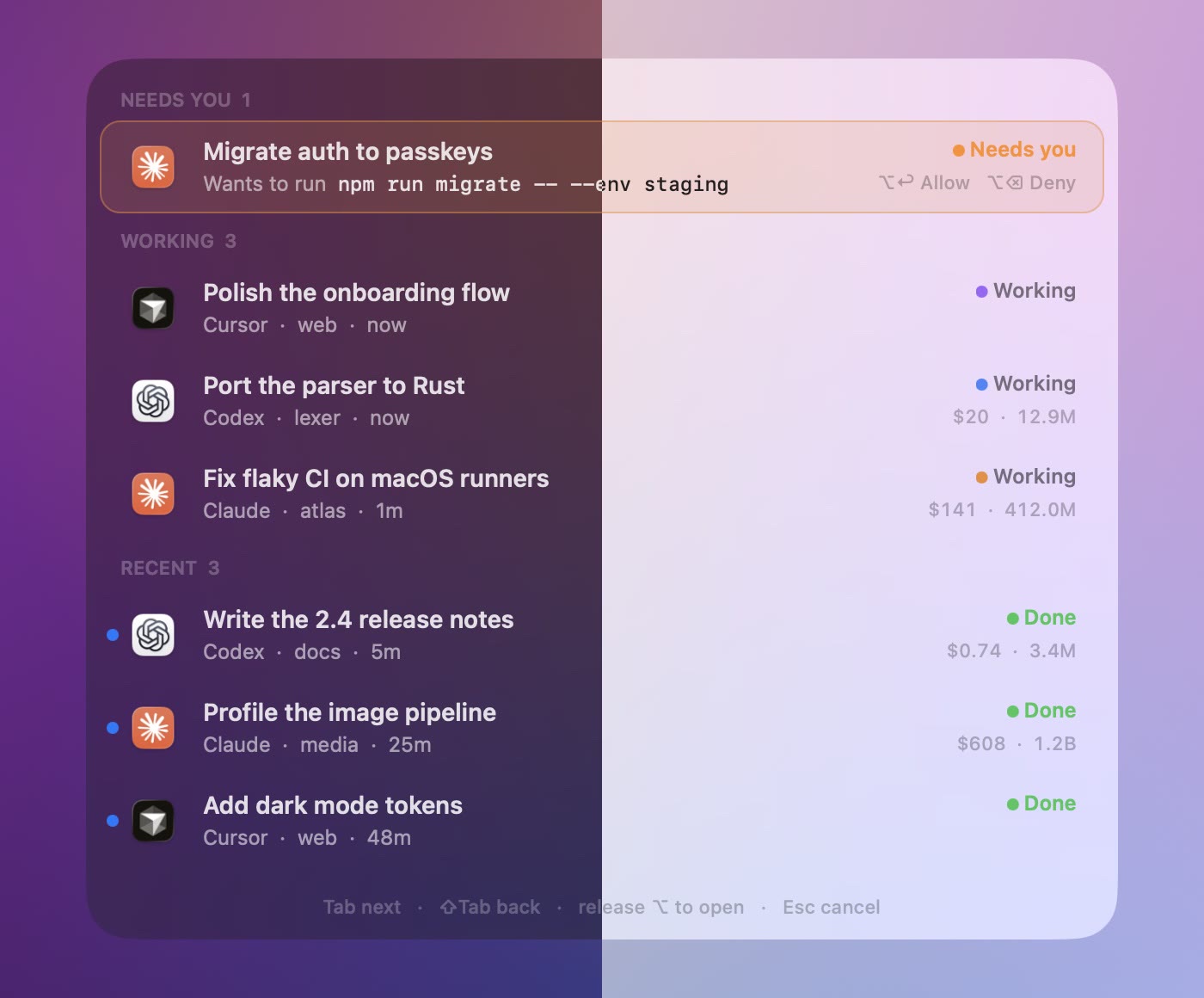 The switcher, half in dark mode and half in light mode